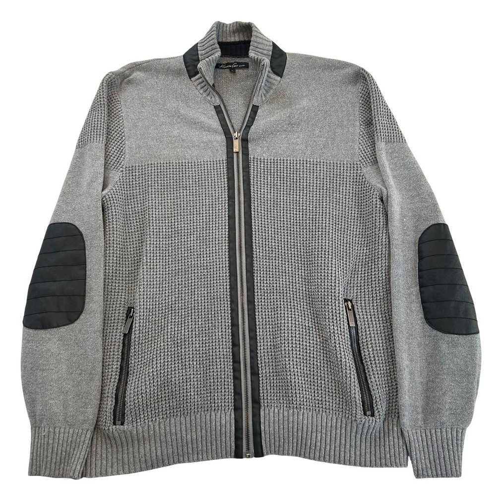 Kenneth Cole New York Mens Grey Full Zip Sweater Elbow Patches XL Grandpa‎ Core